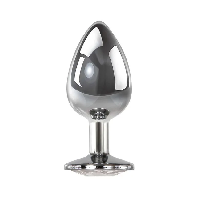 Adam & Eve Clear Gem Large metal anal plug upright view with teardrop tip and jewel base