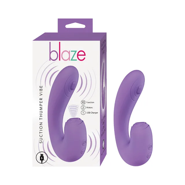 lavender Blaze Suction Thumper curved rabbit vibrator beside purple box