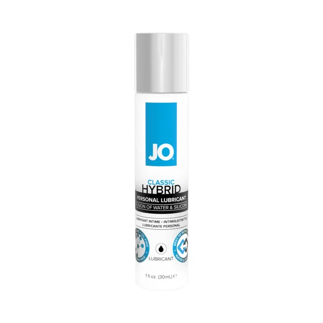 Slim 1 oz System JO Classic Hybrid bottle with silver cap and blue label