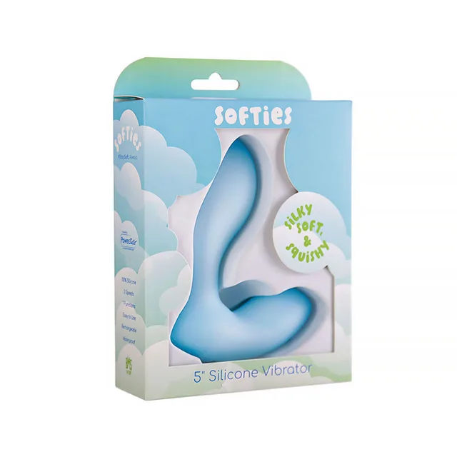 BMS Softies 5-inch silicone vibrator in blue inside a blue and white window retail box