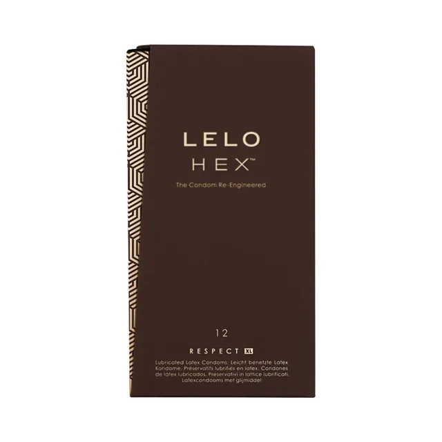 Front view of tall brown LELO HEX Respect XL 12-count box