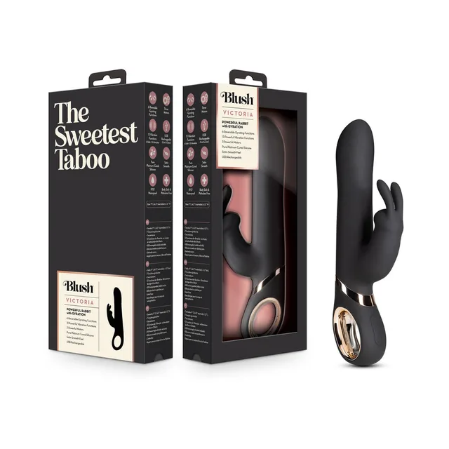 black Blush Victoria curved rabbit vibrator with metallic base ring beside box