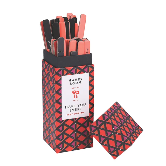 Have You Ever Sexy Edition rectangular game box with question sticks