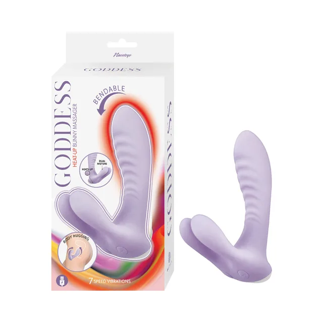 Light purple Nasstoys Goddess curved bunny massager beside white package