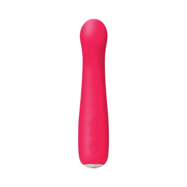 VeDO Gingi pink curved vibrator upright front view with rounded bulb tip