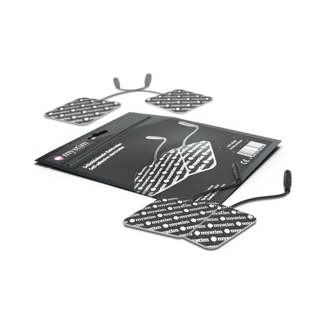 Mystim black square electrode pad 4-pack with white grid pattern and connector tabs beside packet