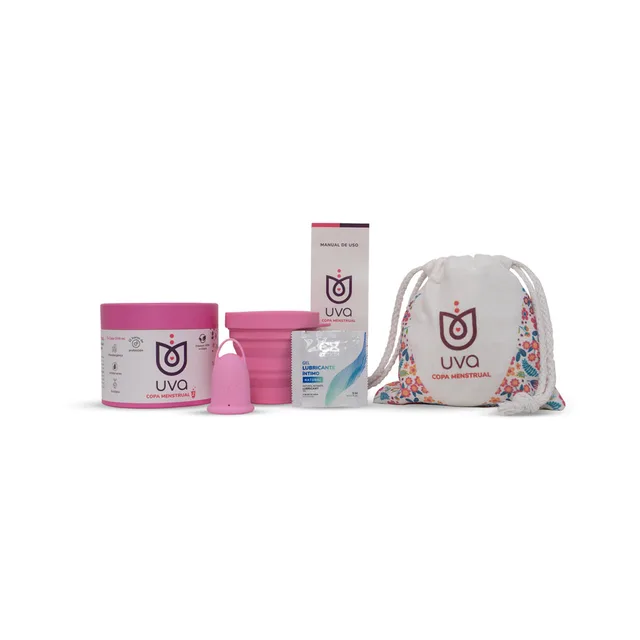 Uva Cup 0 pink menstrual cup set cup tin sterilizer and floral pouch arranged together