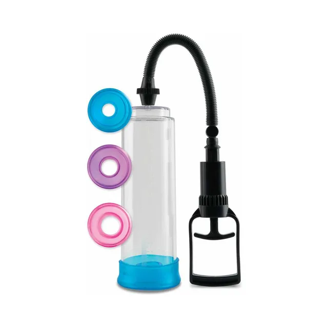 Pump Worx Cock Trainer clear cylinder pump and three colored rings