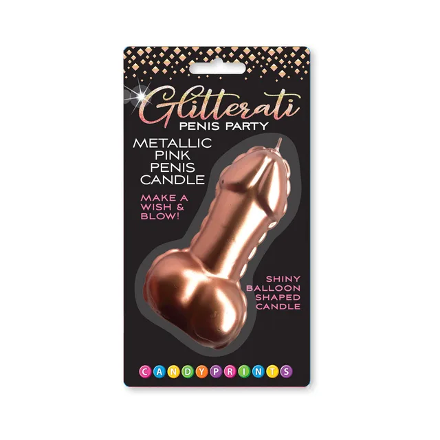 Rose-gold balloon-style penis candle on black retail card