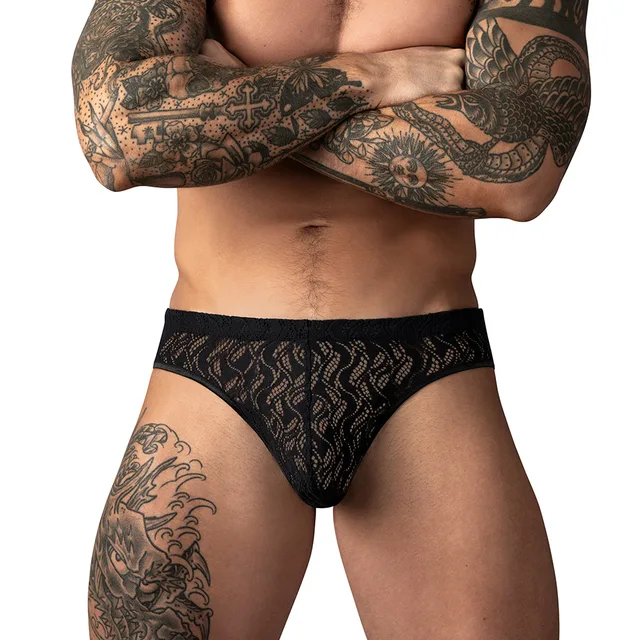 Male Power Ripple Moon Jock in black size S/M worn from the front to show the patterned mesh pouch