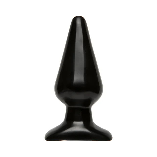 Front view of large black tapered butt plug with broad curved base