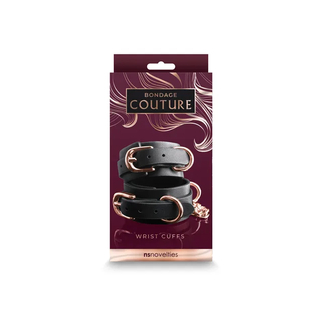 Black Bondage Couture wrist cuffs in burgundy retail box