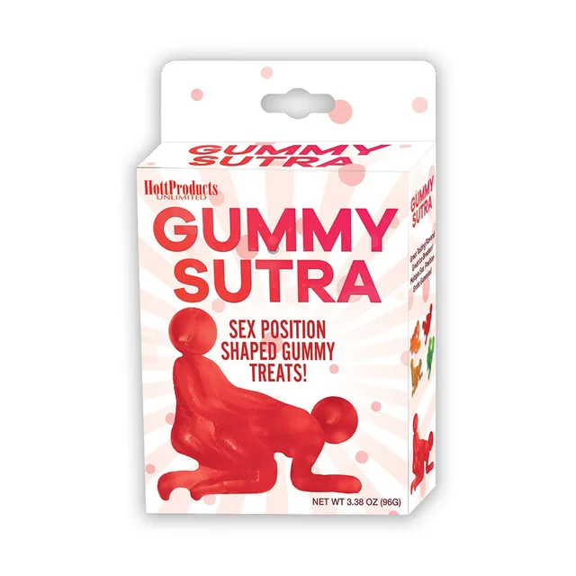 white and red Gummy Sutra 3 oz bag with position-shaped candy graphic