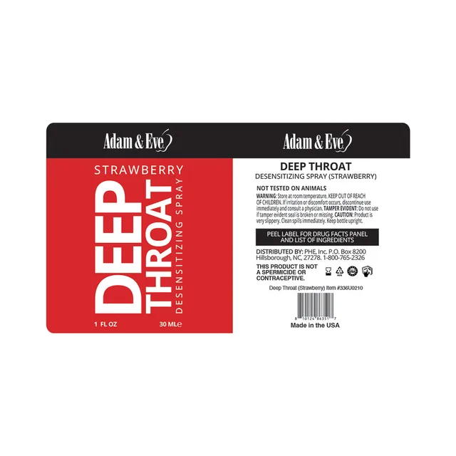 Front and rear labels for Adam and Eve Strawberry Deep Throat Spray