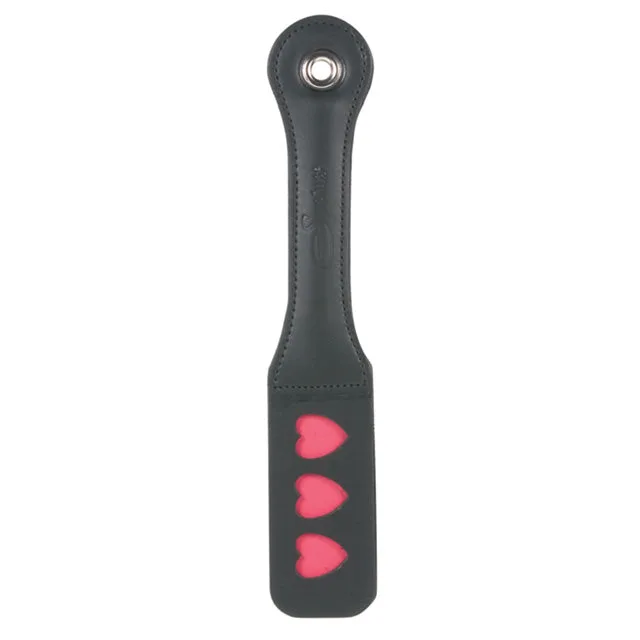 Sportsheets black 12-inch leather paddle with three pink hearts