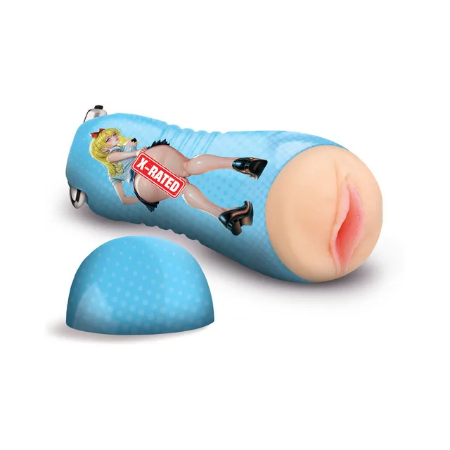Hentai Fantasies Asuna vibrating vulva stroker with blue printed outer sleeve and matching cap