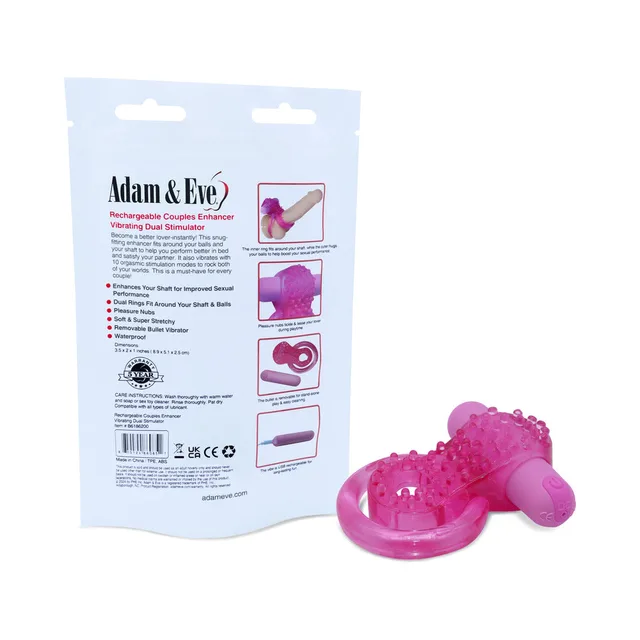 Adam & Eve hot-pink rechargeable couples enhancer ring beside flat pouch back with instructions and feature diagrams