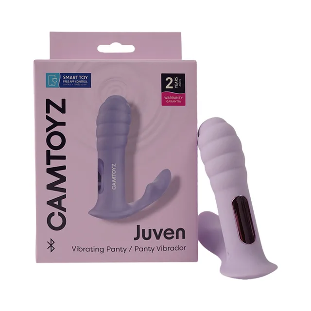 Camtoyz Juven light purple app panty vibrator beside pale purple retail box