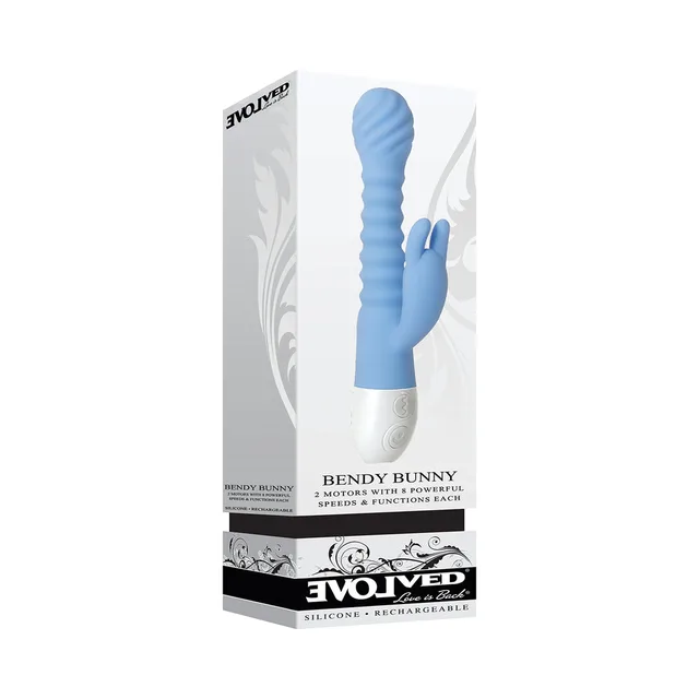 Evolved Bendy Bunny blue rabbit vibrator white retail box with ribbed blue shaft and curved side arm pictured