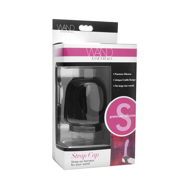 Wand Essentials black silicone Strap Cap in pink retail box