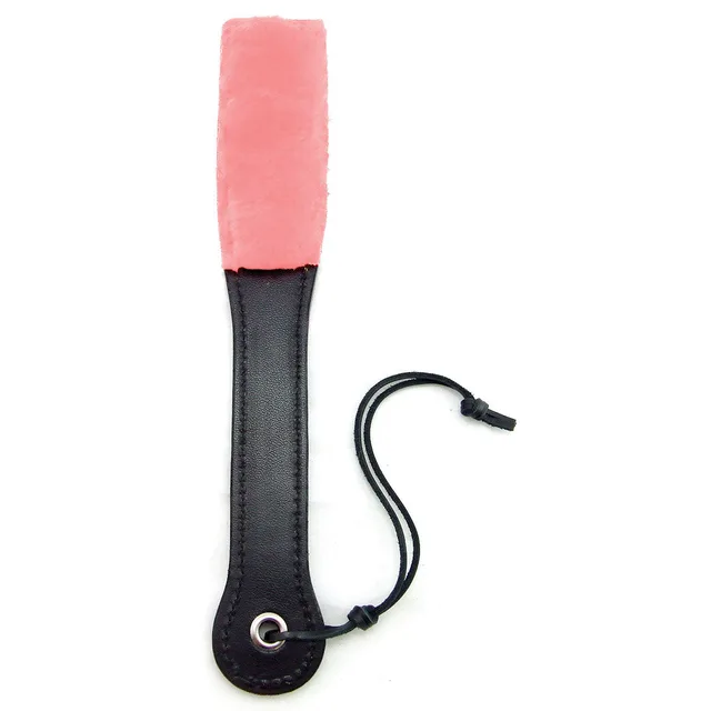 black leather slapper with wrist loop and rectangular pink faux-fur end