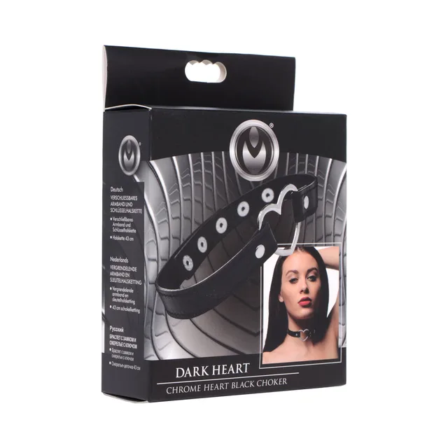 black Master Series Dark Heart choker with silver heart and snap holes on box