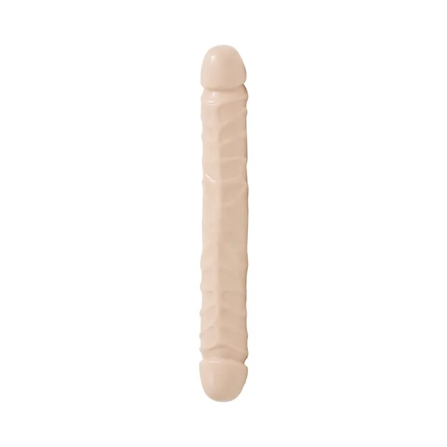 Full view of beige 12-inch ridged double-ended dildo
