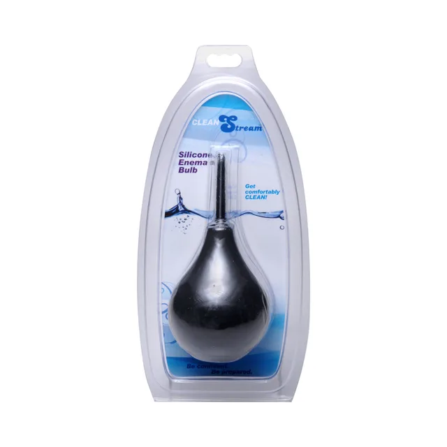 black CleanStream enema bulb with slim nozzle in clear blister packaging