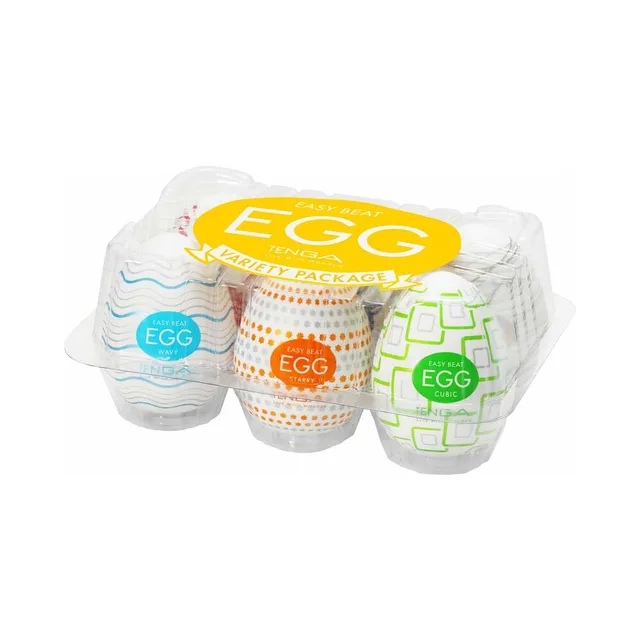 Clear TENGA Egg variety pack holding six individually wrapped texture designs