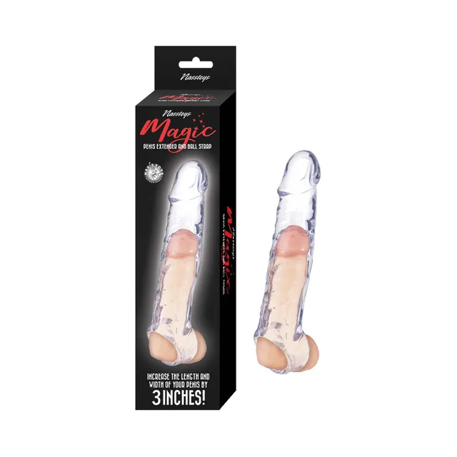 Clear 6.5-inch Nasstoys Magic extender and ball strap beside box