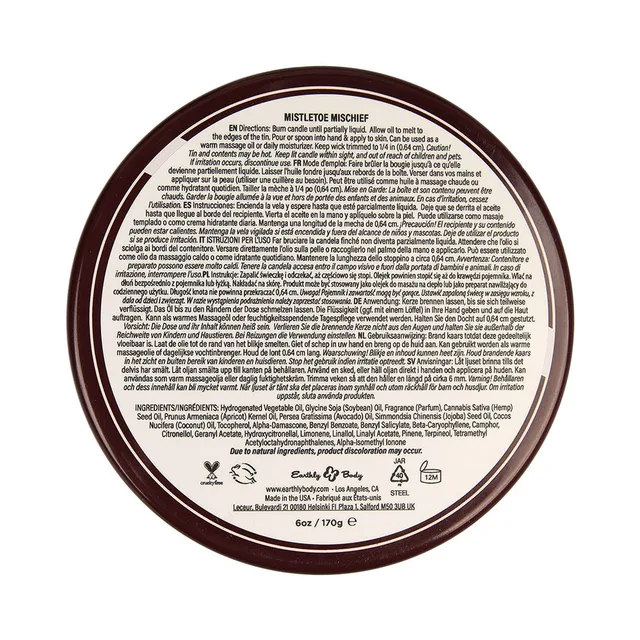 Underside of Mistletoe Mischief candle tin with printed directions