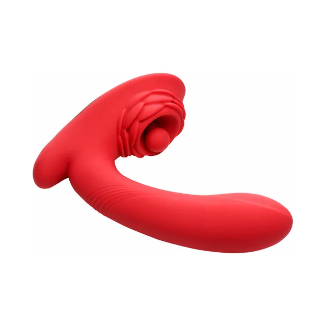 Bloomgasm Petal Twirl red silicone vibrator side view of the curved shaft and petal form