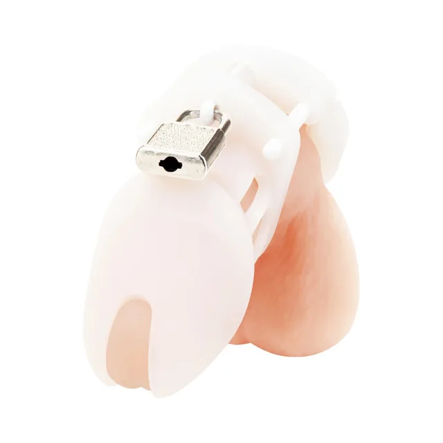 Front angle of white silicone chastity cage with silver lock