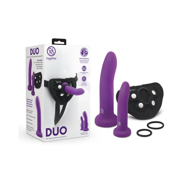 Together Duo two purple dildos with black harness, rings and box