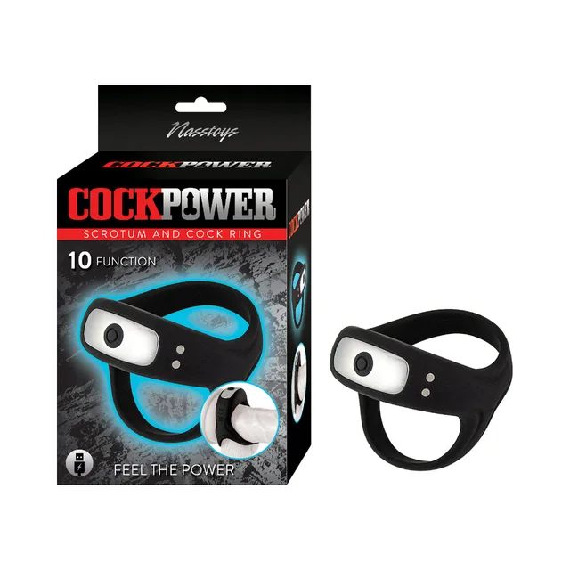 black Cockpower scrotum and cock ring with two loops and silver control panel beside box