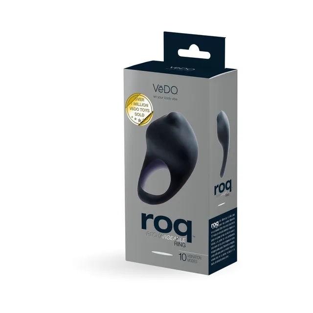 Black VeDO Roq rechargeable vibrating ring with angled retail carton