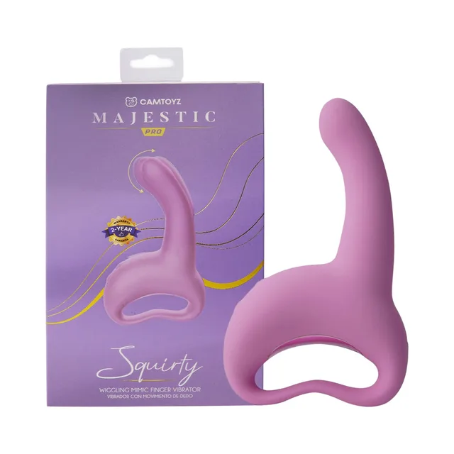 Camtoyz Squirty magenta open-handle vibrator beside purple retail box