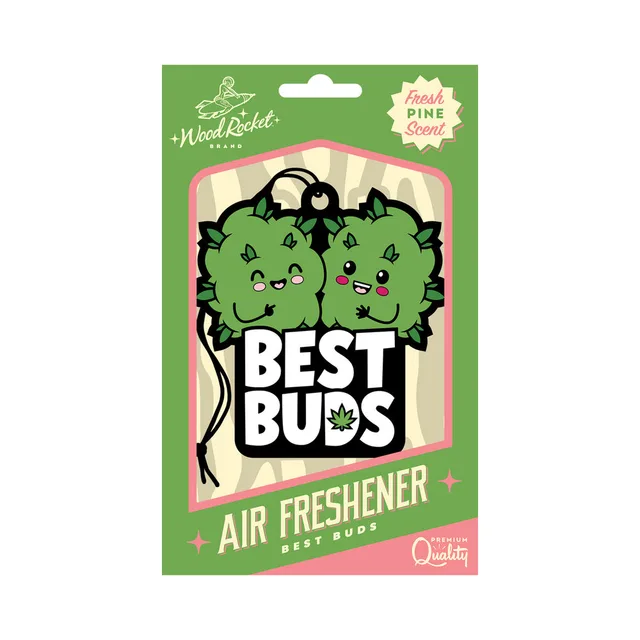 Wood Rocket Best Buds fresh-pine air freshener front retail card with two green characters