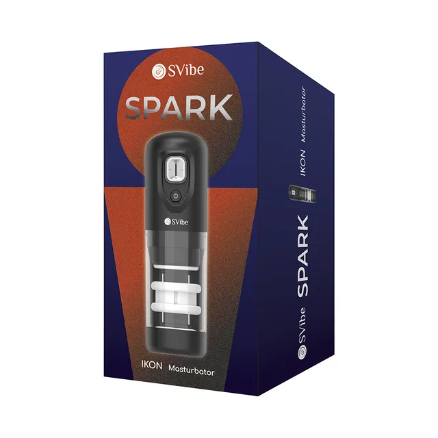 SVibe Ikon Spark black masturbator shown in blue and orange retail box