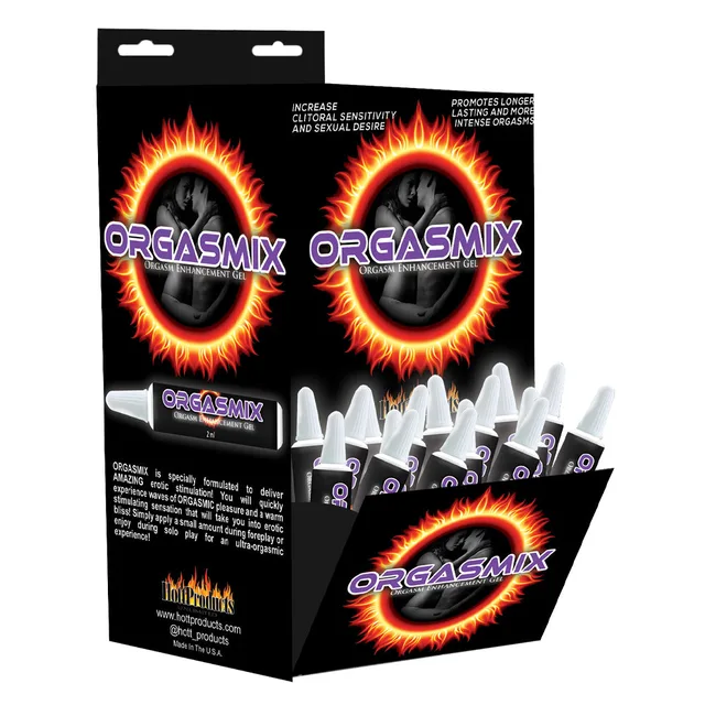 Orgasmix 144-Count Gel Set open black counter box with gel packs