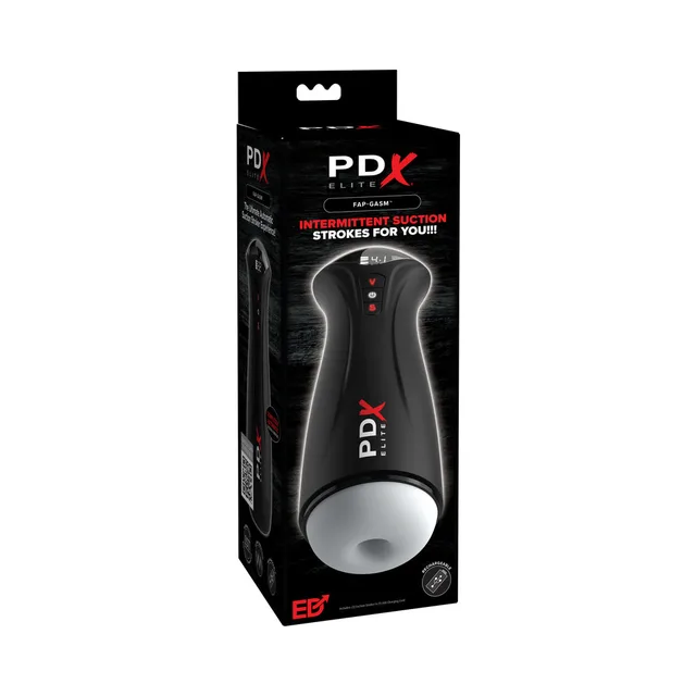 Black PDX Elite Fap-Gasm stroker with frosted white opening in retail box