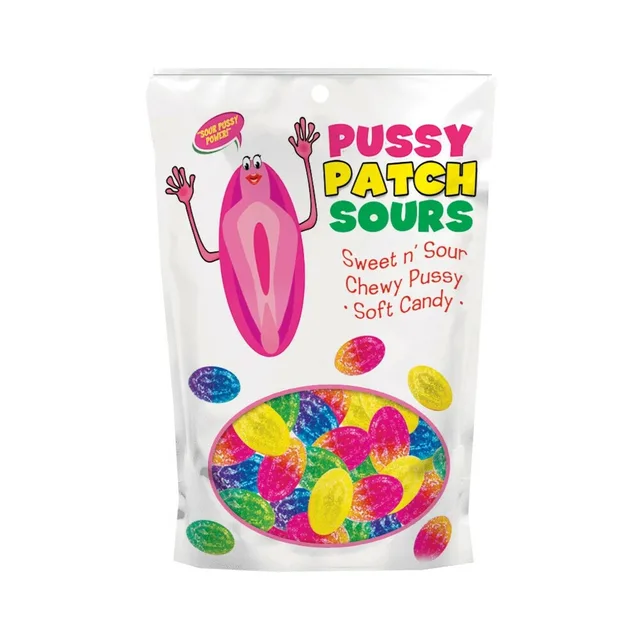 Pussy Patch Sours 12 Piece Display clear candy pouch with multicolor pieces