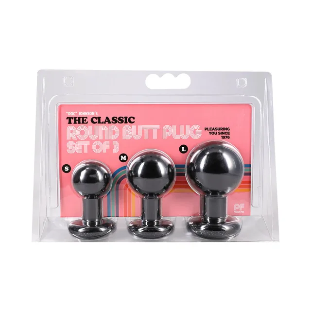 Doc Johnson Classic Round black three-piece plug set front retail package