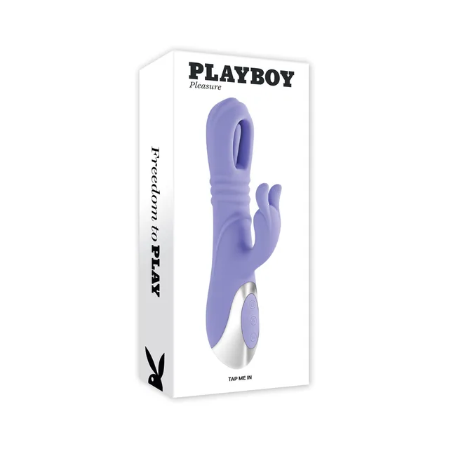 Playboy Tap Me In Lilac vibrator beside white retail box