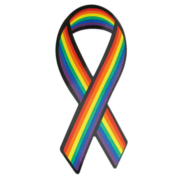 Looped Gaysentials pride ribbon magnet with horizontal rainbow stripes and black outline