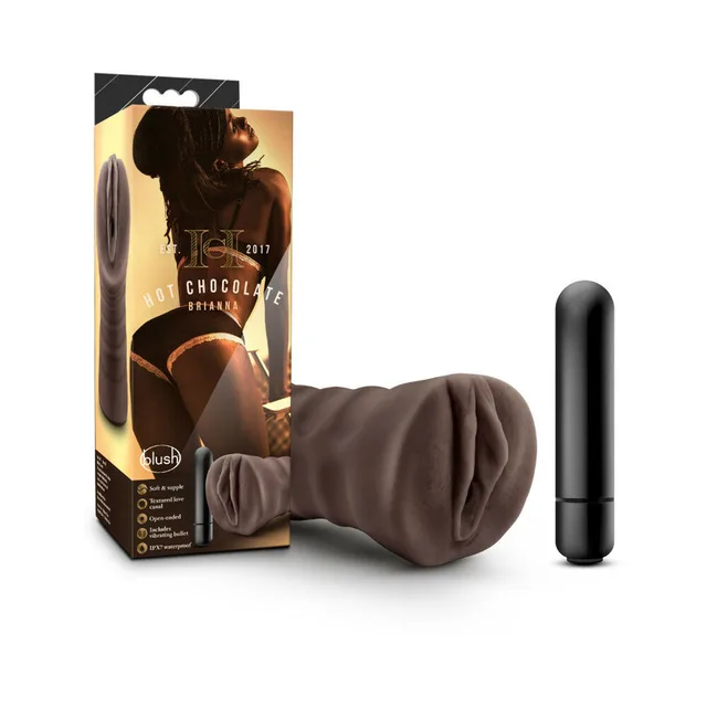 Hot Chocolate Brianna brown stroker beside retail box and black capsule bullet