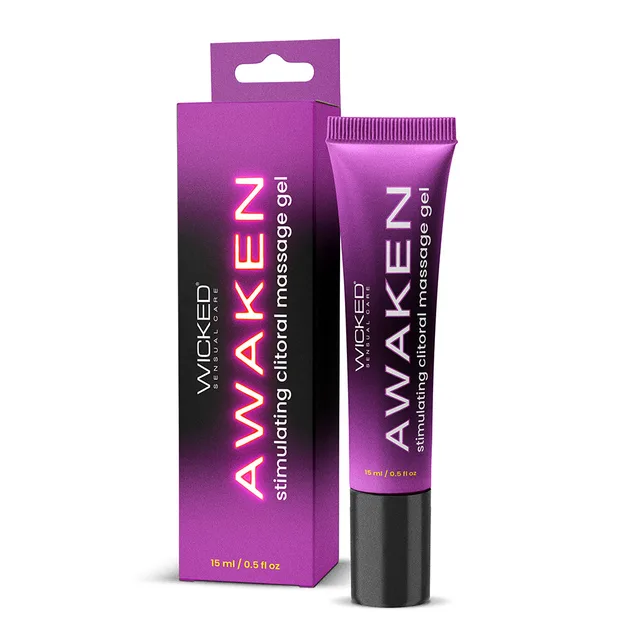 Wicked Awaken Clear Gel 15 ml purple tube beside matching retail carton
