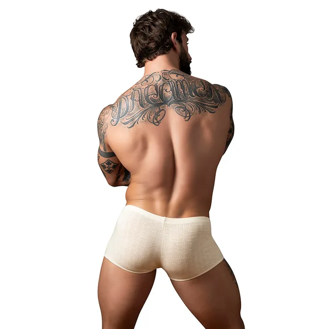 Rear Model view of ivory Male Power Mykonos Mini Short in size XL