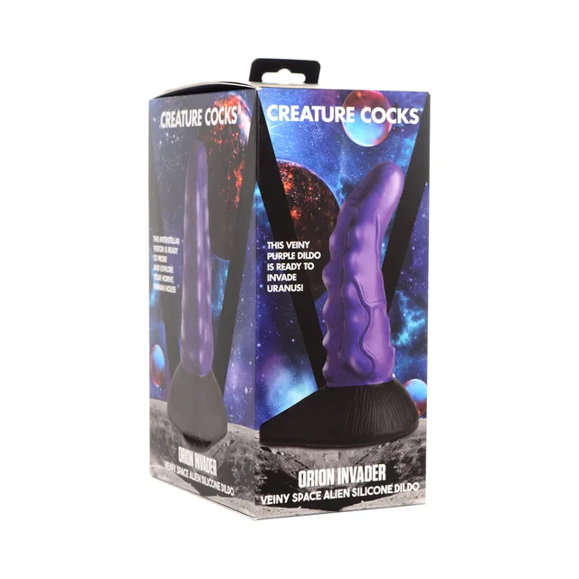 purple Creature Cocks Orion Invader veined silicone dildo with black base on box