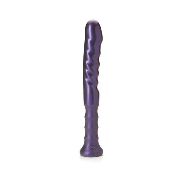 Left angle of dark purple Tantus Echo Handle with repeating ridges